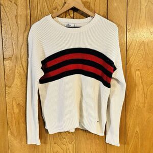 Hollister Womens White Oversized Pullover Sweater Blue Red Stripe Panel Size XS